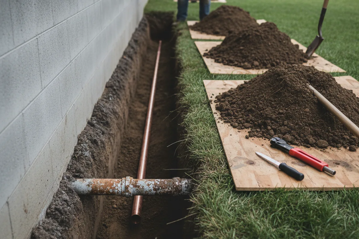 Excavated water line trench during Sewer Line Repair in Strongsville